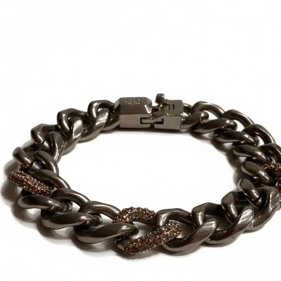 Vintage Givenchy 4G Cuban Link Bracelet Chunky Crystal Gunmetal Chain Unisex - Picture 3 of 13